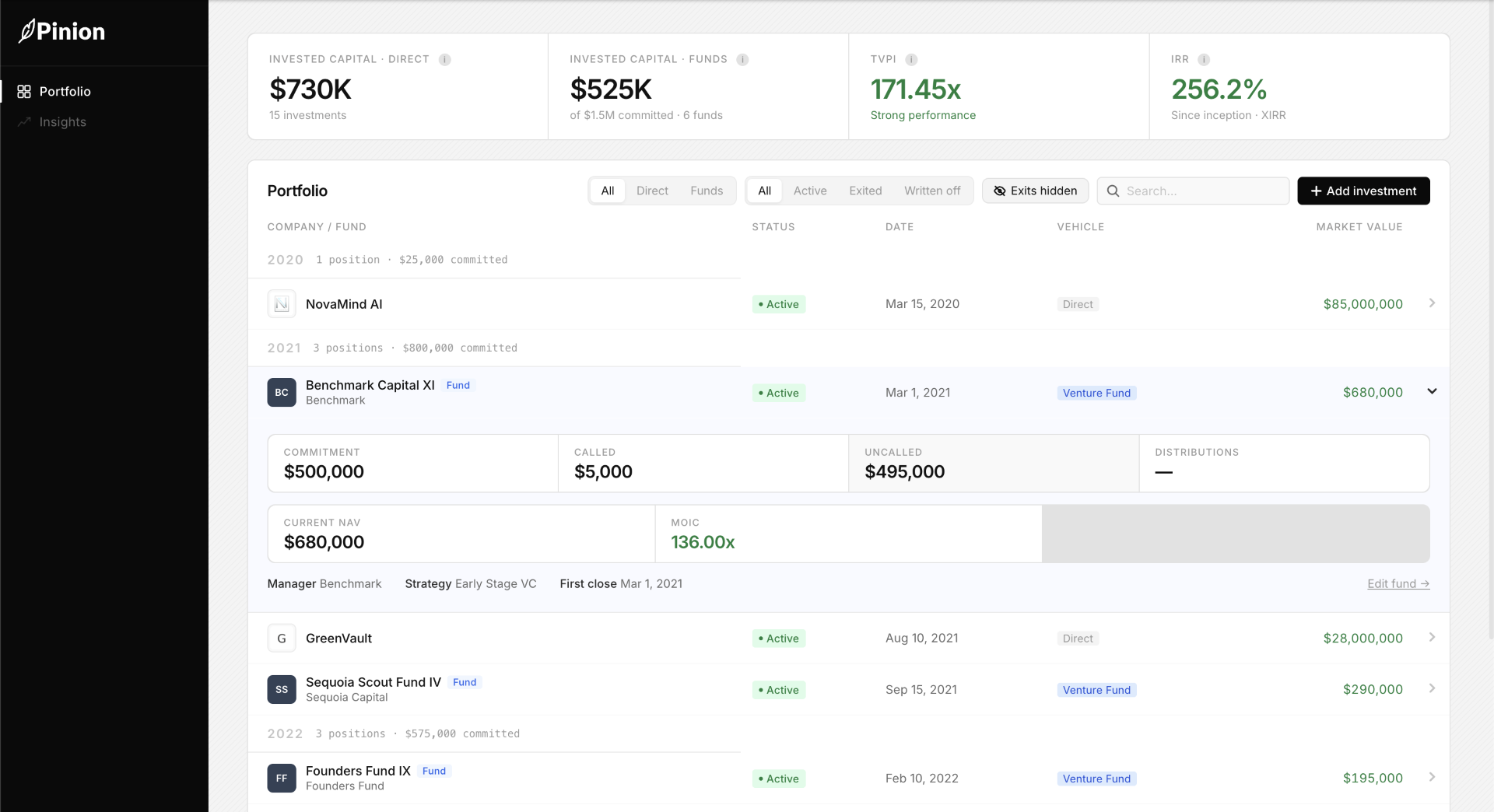 Pinion portfolio dashboard showing a list of angel investments with current valuations, fund associations, and performance metrics including TVPI and IRR